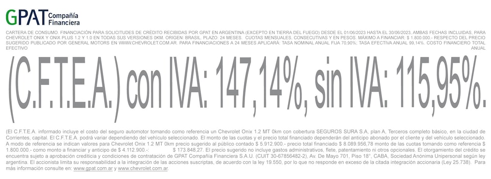 Chevrolet - Onix Plus  Financiación a 30 meses con tasa 76,9%