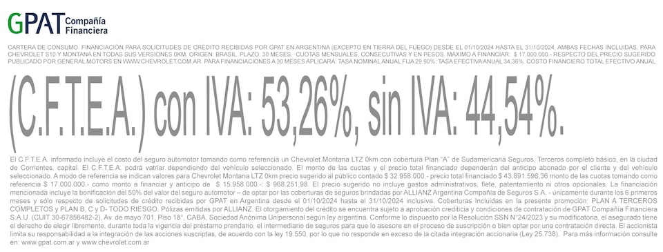 Chevrolet - S10 Cabina Doble financiá a 30 meses en Octubre