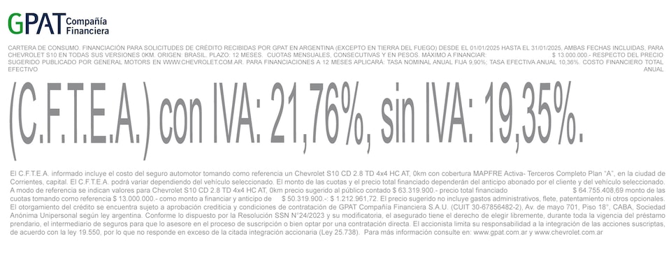 Chevrolet - S10 financiá a 12 meses en Enero