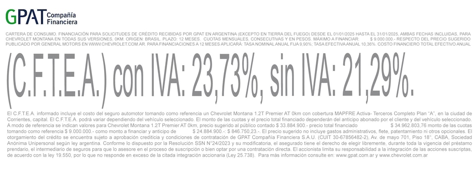 Chevrolet - Montana financiá a 12 meses en Enero