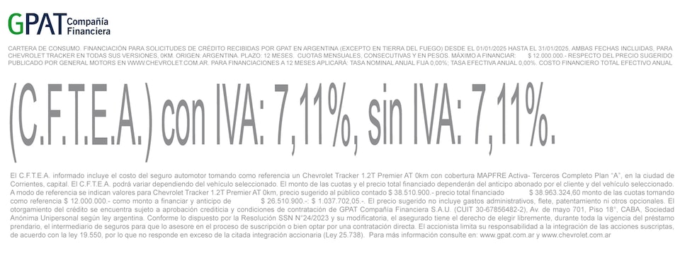 Chevrolet - Tracker financiá a 12 meses en Enero